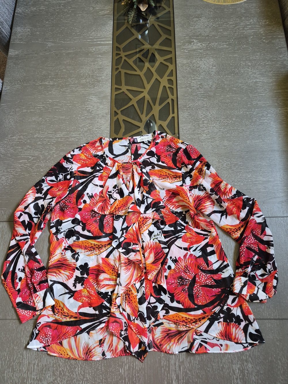 Vibrant Floral Rufflef Front Roll Tab Blouse - Orange, Black &white